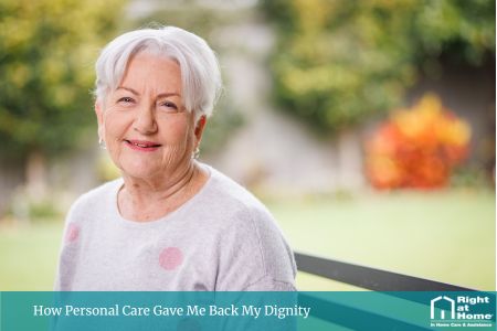 An older woman sitting peacefully at home, smiling with confidence and pride after receiving personal care support.