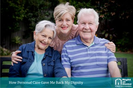 A happy older woman sitting with her husband and daughter, enjoying time together after receiving support from Right at Home’s personal care services.